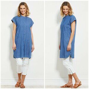 Masai Women Sz M Chambray Denim Shirt Dress Blue Mandarin Collar Shift Button Up